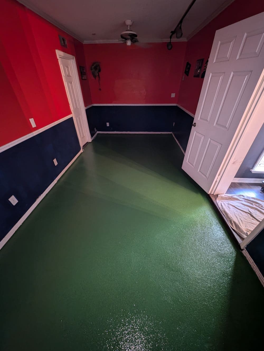 Interior room with green floor, red and blue walls, and open white doors. Natural light visible.